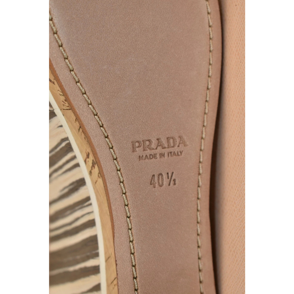 NIB PRADA 1XZ219 BEIGE BROWN WOODEN LEATHER WEDGE PLATFORM SANDALS 40.5 ITALY - Picture 6 of 8